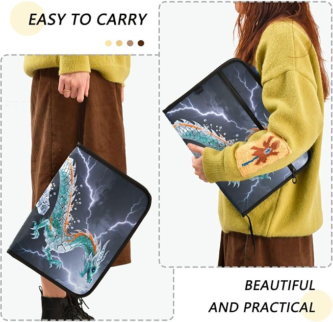Lightning Crystal Dragon Expanding File Folder with Sticky Labels, 13 Pockets Accordion File Folder Document Organizer Expandable Zip File Folder with Zipper Closure
