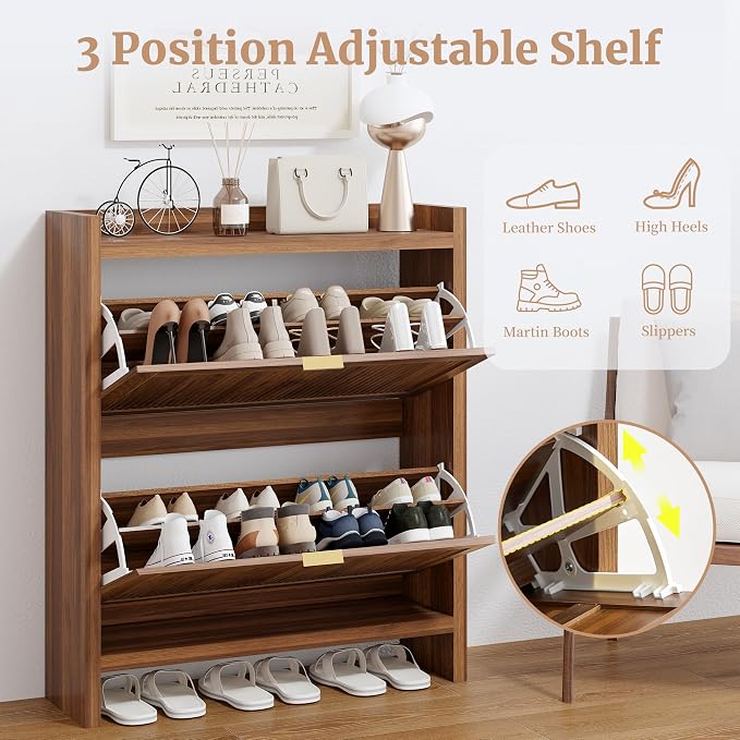 Fluted Shoe Storage Cabinet with 2 Flip Door for Entryway | Farmhouse, Walnut color, Adjustable shelves, Tabletop guardrail, Freestanding shoe storage cabinet, for Entryway/hallway