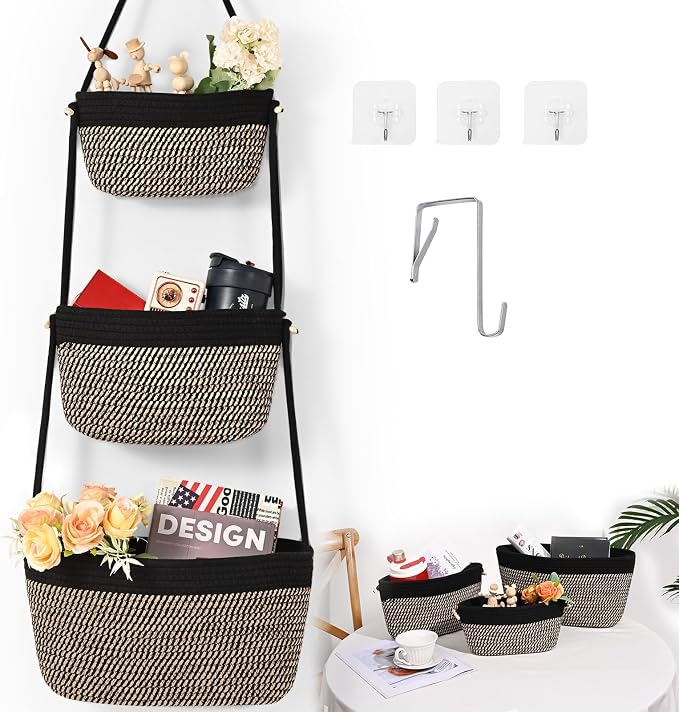 Hanging Basket, 3-Tier Woven Wall Basket with 4 Hooks, Cotton Rope Storage Baskets, Over the Door Organizer for Nursery, Bedroom, Cottage and Boho Wall Decor