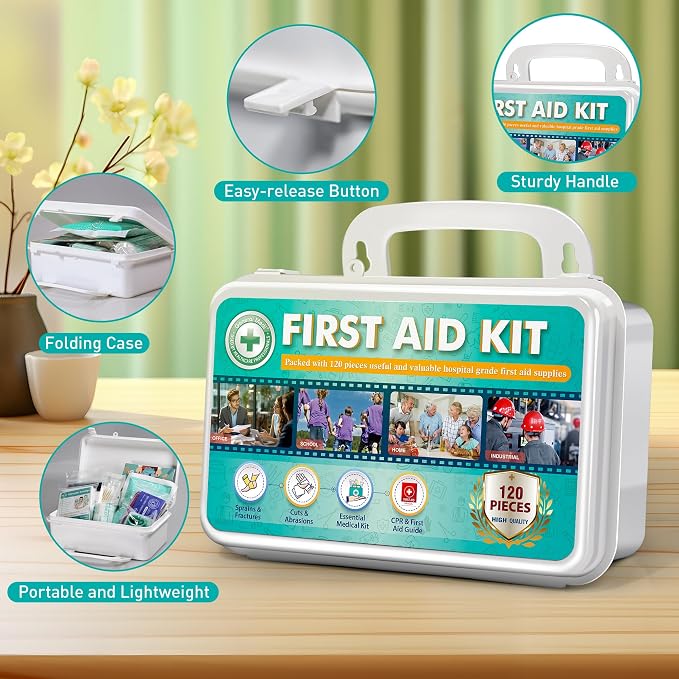 General Medi 120 Pieces Hardcase First Aid Kit - First Aid Box Includes Instant Cold Pack, Emergency Blanket for Travel, Home, Office, Vehicle, Camping, Workplace & Outdoor