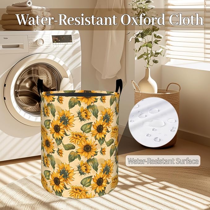 Vibrant Sunflower Laundry Basket, Yellow Floral Foldable Oxford Cloth, Waterproof Dirty Clothes Hamper with Handles, Clothing Storage Bin Toy Organizer for Bedroom Dorm Bathroom, 19.7"x15.7"