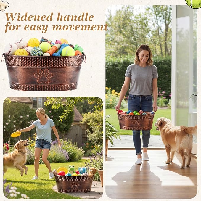 Zonon Metal Dog Toy Storage Bin with Handles 21 Quart Vintage Decorative Basket for Dog Ropes Food Living Room Decor, Galvanized Steel Pet Toy Organizer, 18x11.5x7.5 Inch (Dog's Paw)