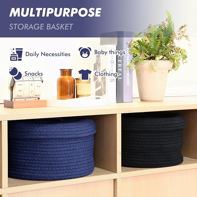 Sea Team Round Storage Basket, Woven Cotton Rope Basket with Lid, Navy | Decorative Knitted Storage Bin, Multi-Purpose Lidded Organizer for Closet Shelves, Nursery and Household Storage