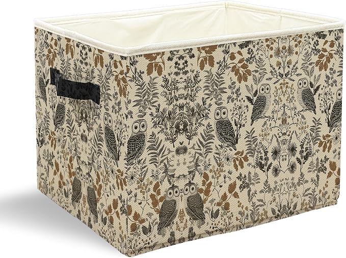 Owl Storage Bins with Handles, Owl Gifts for Women, Vintage Botanical Owls Collapsible Laundry Basket Storage Box for Home Bedroom Bathroom Clothes Toys Books