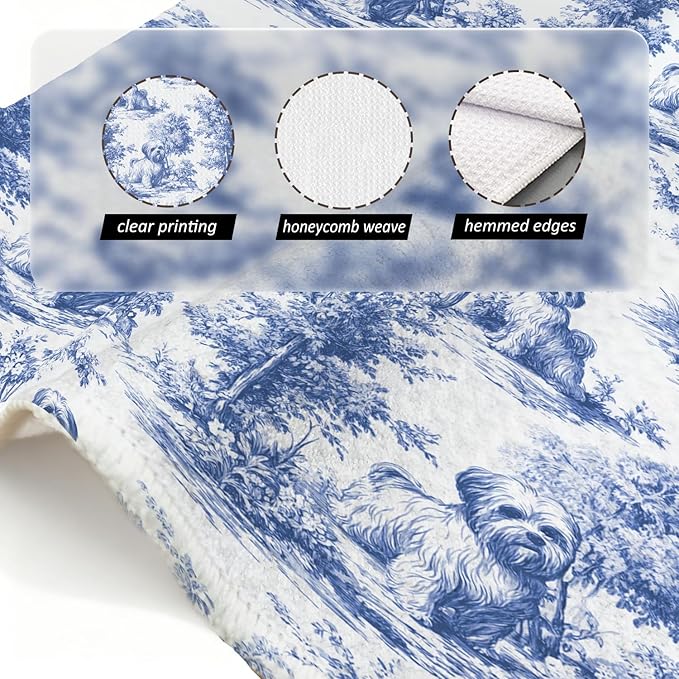 Shih Tzu Kitchen Dish Towels,Blue and White Floral Dog Towel Dish Tea Towels, Chinoiserie Decor for Kitchen Bathroom,Shih Tzu Gifts for Dog Lover Mom Dad,16x24 Inch
