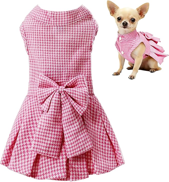 Classic Plaid Dog Dress with Bow Tie for Small Dogs Cats Girls, Cute Puppy Dresses Clothes with Bowknot Chihuahua French Bulldog Pet Apparel Outfits (Strawberry Pink, X-Small)