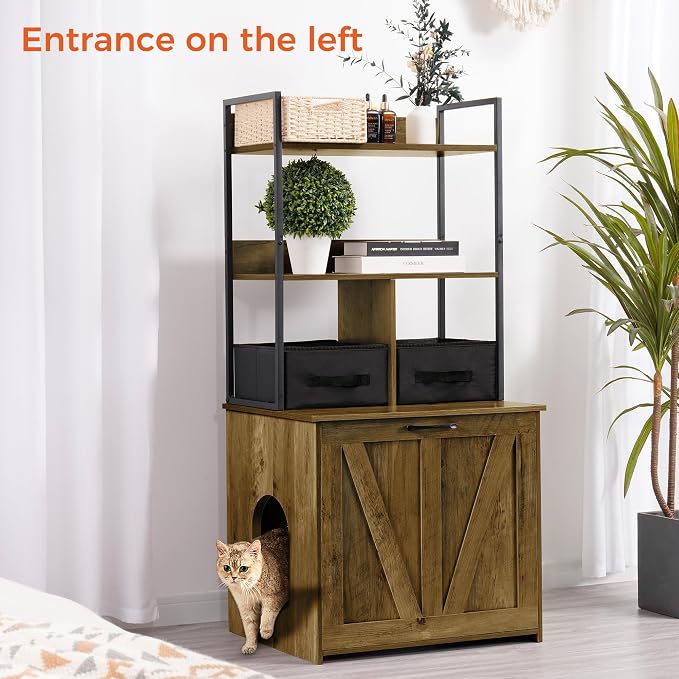 Dwanton Cat Litter Box Enclosure, 2 Storage Shelves and 2 Drawers, 50" H | 2-in-1 Hidden Cat Litter Box Enclosure Furniture with Shelf, Metal Frame, Reversible Entrance, Washable Drawers, Warm Brown