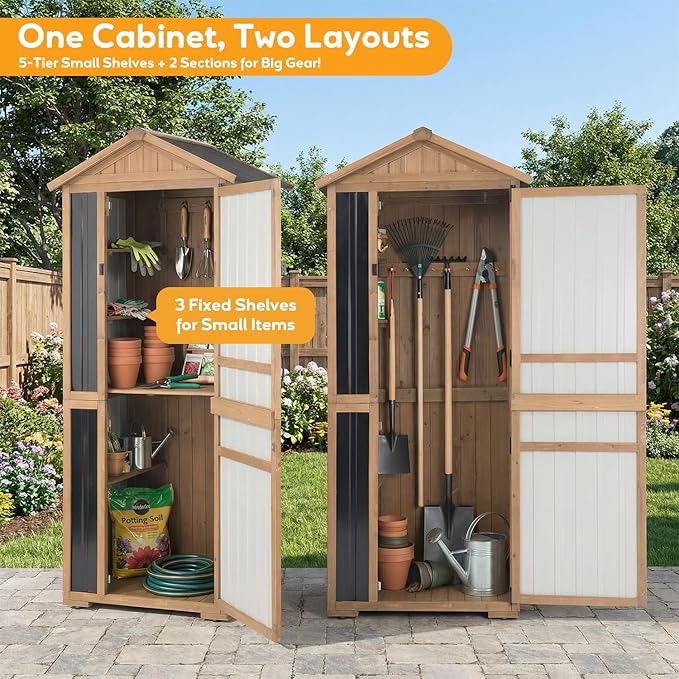 Outdoor Storage Cabinet, Extra-Tall Shed with Removable Shelf for Long Tool | Wood & Metal, Waterproof Asphalt Roof, Removable Shelf, Magnetic Lockable Doors, for Patio, Backyard, Garage, Garden