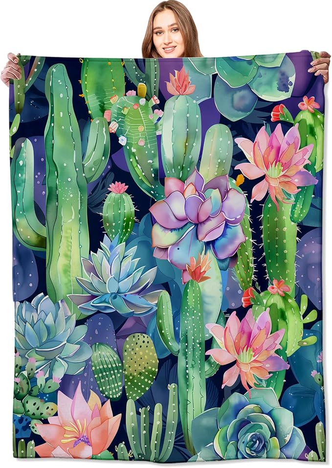 Succulent and Cactus Blanket Plant Garden Throw Blankets Gifts for Kids Adult Lightweight Soft Fleece Cozy for Sofa Couch Bed Room Birthday Boho Spring Decor 50x60in