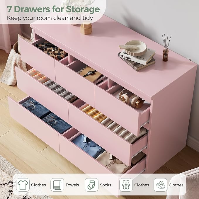 Pink 7 Drawer Dresser for Bedroom,Modern Wood Chest of Drawers,Closet Clothes Storage Organizer with Deep Drawers for Living Room Hallway Entryway,Nursery (15.3" D x 47.2" W x 32.3" H)
