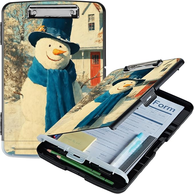 A4 Clipboard with Storage Pen Holder, Clipboards Organizer Nursing Clipboard Foldable File Folder Plastic Clipboard Folio Clip Board for Office Work Classroom Doctor, Blue Towel Snowman