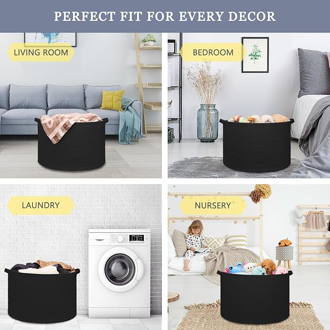 Extra Large Blanket Basket 87L, Laundry Hamper, Baby Nursery Hamper for Storage Toys Clothes Towels, Large Cotton Rope Laundry Basket for Girls Boys, 22”x 14”, Black