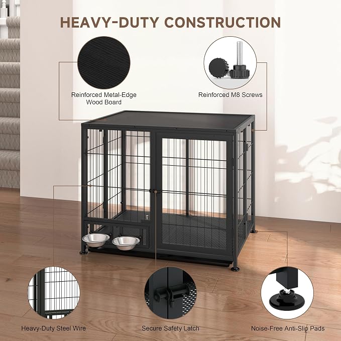 Heavy Duty Dog Crate for Small Dogs, 3 in 1 32.7" Foldable Collapsible Dog Kennel & Playpen with Lockable Wheels & Feeding Bowls, Escape Proof Metal Dog Cage for Indoor Outdoor Use, Black
