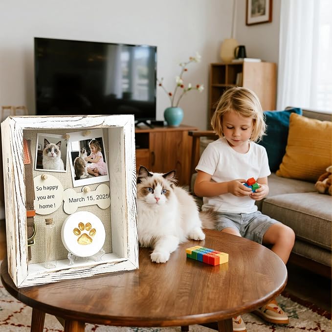 Solid Wood 8x10 Pet Memorial Shadow Box White Urn Ashes Display Case with Paw Print Kit Dog Memorial Keepsake Gift for Loss of Pet