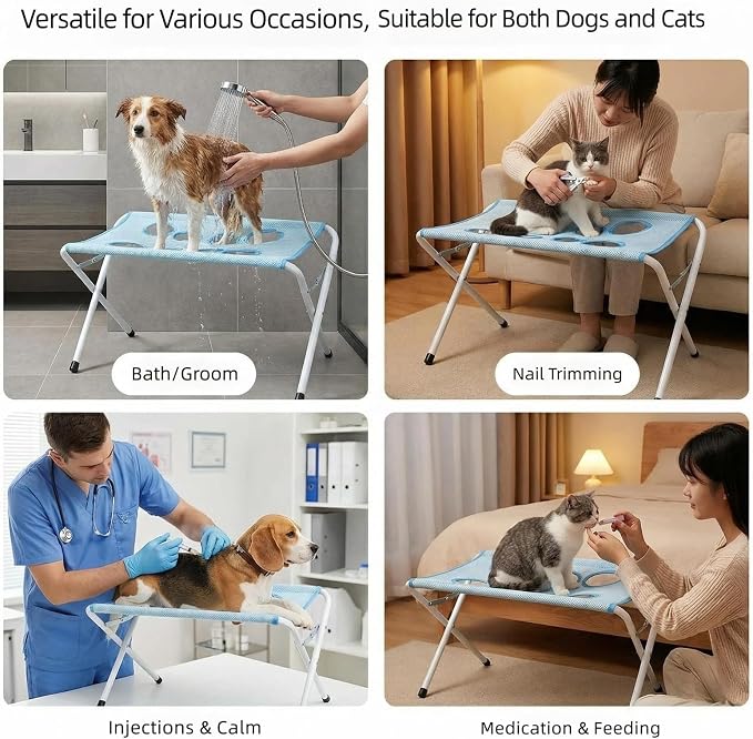 Pet Grooming Hammock with Stand, Dog Bathing Station, Cat-Hammock | Foldable Steel Frame Pet Bath Rack With Breathable Polyester Net, 8 Fixed Holes, 10KG Load