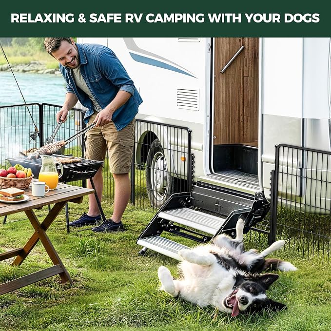 FXW Rollick Dog Playpen with RV Step Grid for RV Camping, 32" H, 16 Panels | Easy Setup & Sturdy, Blocks RV Stair Gaps, Fits RV Steps up to 26"W, For Small & Medium Dogs, Patented