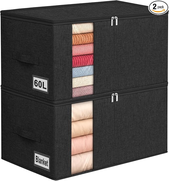 60L Rigid-Sided Blanket Storage Bags, 2 Pack, Black | Rigid Sides and Bottom, Stackable Design, for Comforters, Quilts, Bedding, Pillows and Clothes, Closet and Dorm Organization