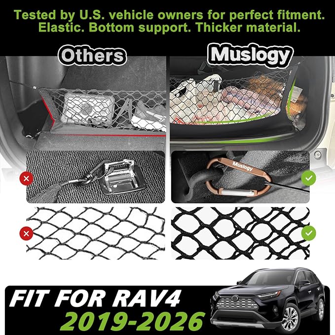 Muslogy Cargo Net for Toyota RAV4 2019-2024 2025 Accessories | Custom Fit, Trunk Storage Organizer Net for SUV Sedan Van Divider, with Heavy Duty Carabiners, Night Visible Grab Handle