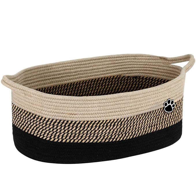 Optish Dog Toy Basket, 30L Toy Box and Bin for Dog Cat Storage, 19.7" X 11" X 7.9" Large Woven Rope Basket for Blanket Storage, Living Room, Bedroom, Black & Brown