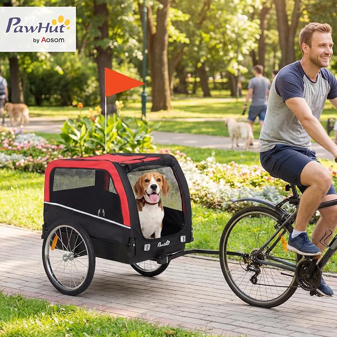 PawHut Dog Bike Trailer 20" Air Tires for Small Medium Breeds 44 lbs | Pet Cart Bicycle Carrier, Quick-Release Wheels, Reflectors, Flag, Dog Cart for Bicycle