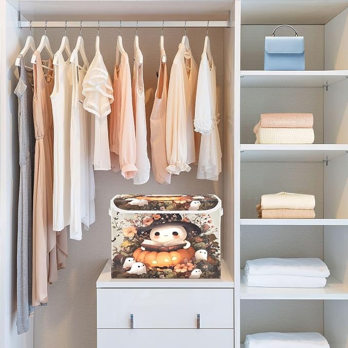 Ghost Wearing Witch Hat Storage Bins with Lids and Carrying Handle,Foldable Storage Boxes Organizer Containers Baskets Cube with Cover for Home Bedroom Closet Office
