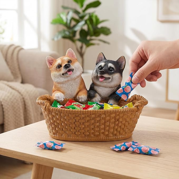 Resin Double Shiba Inu Desktop Storage Basket, Decorative Catchall Bowl & Key Tray for Entryway Table, Cute Dog Statue Organizer, Pet Lover Gift