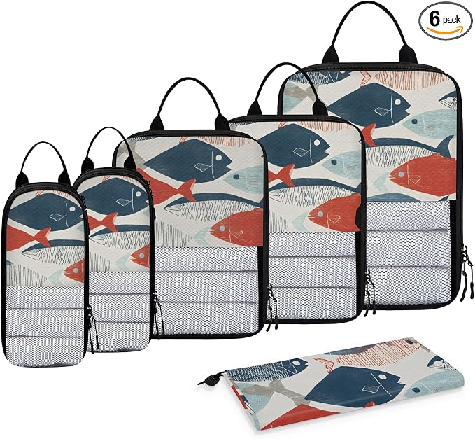 TropicalLife Cute Boho Fish 6 Set Compression Packing Cubes | Compressible Expandable Luggage Suitcase Organizer Bags Space Saver Bags for Carry on