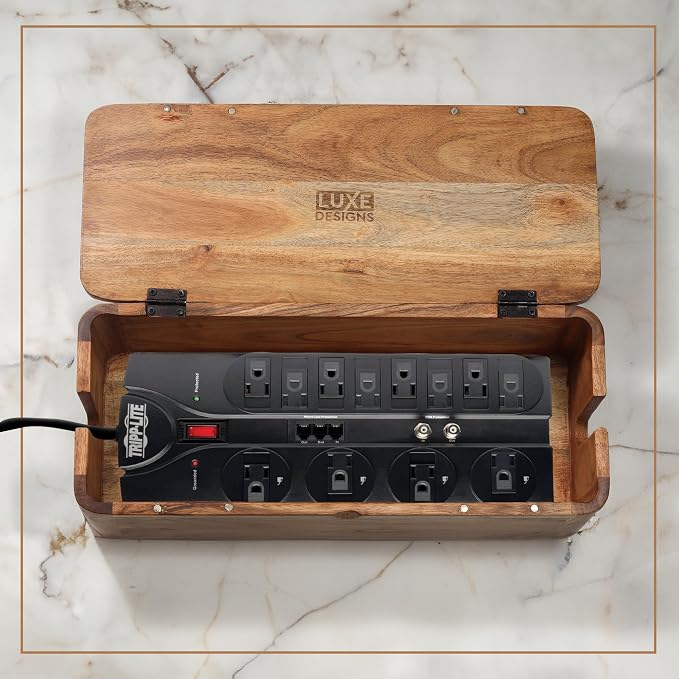 Acacia Cable Management Box - Rustic Design (Natural, Large)