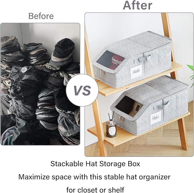 Furlide Hat Organizer for Baseball Caps, 2 Pack Stackable Storage Boxes | Protects 24-30 Caps From Dust and Pet Hair; Stackable Base, Clear Window, Front Opening and Handles Simplify Closet Storage.