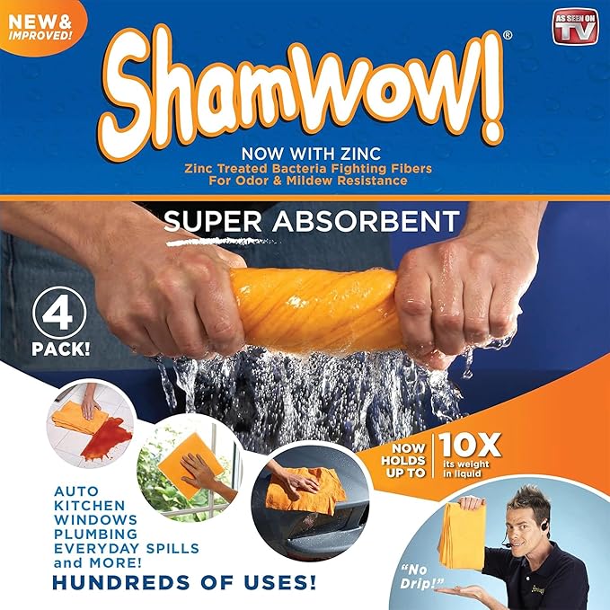 ShamWow 20"x27" Shammy Super Absorbent Multi-Purpose Home Cleaning, Chamois Towel for Cars, Lint-Free, Streak-Free & Scratch-Free, Holds 10x Its Weight, Machine Washable, (4-Pack, Orange)