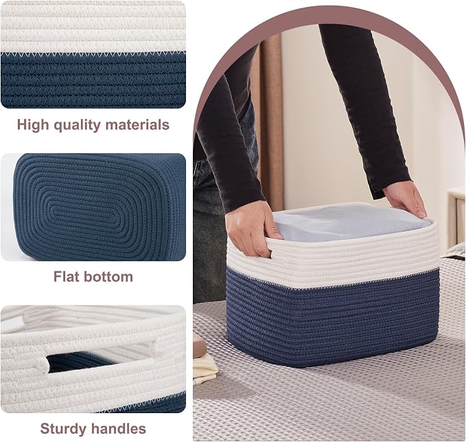 OIAHOMY 4 Pack Storage Basket, 13"x9"x7.8" Cotton Rope Baskets for Shelves, Closet Organizer for Bedroom & Living Room, Soft Decorative Bins for Organizing Towels, Books & Toys, Blue & White