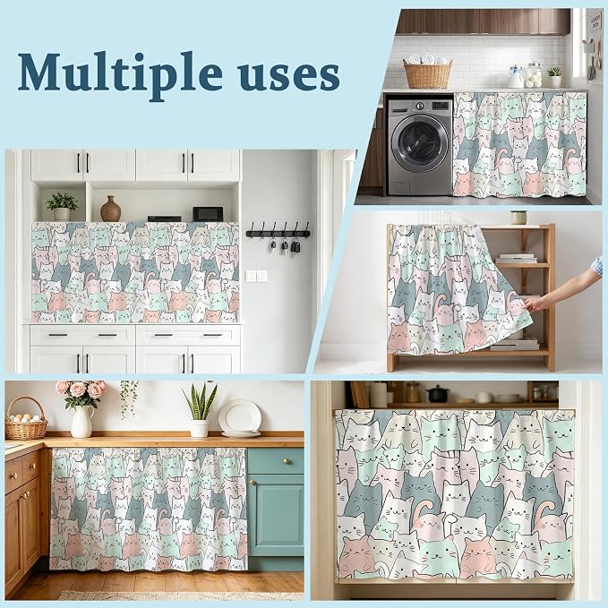 BEMIGO Cartoon Cat Cabinet Curtain 32" Wx55 L, Dustproof Pantry Door Curtain with Self Adhesive Tape, Funny Cute Colorful Animal Pet Tall Storage Cover Privacy Drape for Bathroom Kitchen Laundry Room