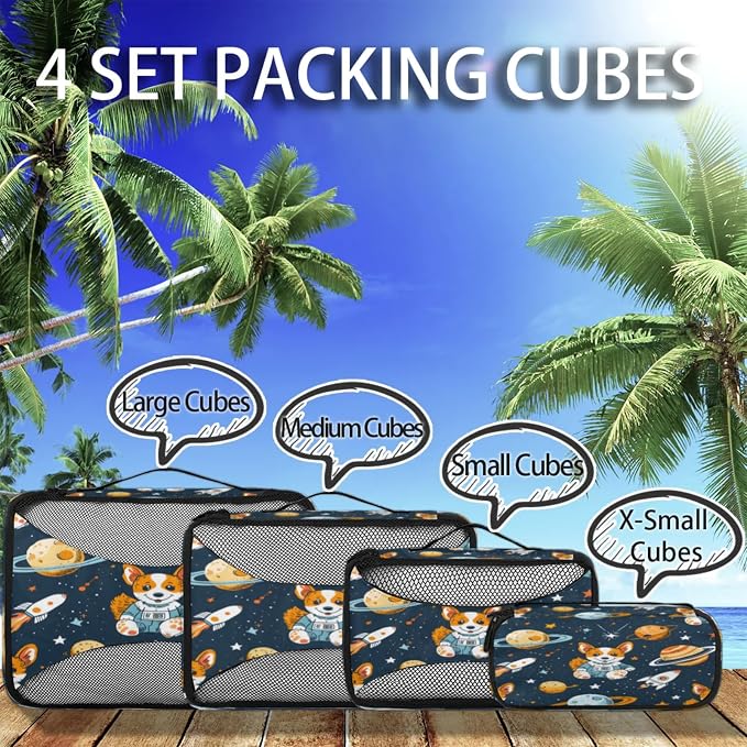 Packing Cubes for Travel, Solar System Planets Travel Luggage Packing Organizers for Women Men, Large Custom Toiletries Bag for Cosmetics Toiletries, Corgi Dogs