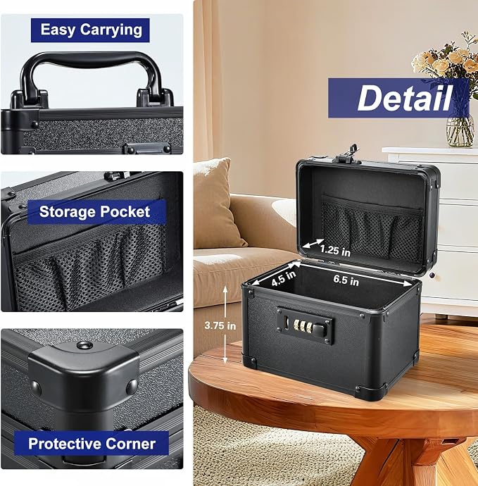 Black Medicine Lock Box - 7" Medication Lock Box & Lockable Storage Box for Personal Items - Secure Medicine Storage Box with 3-Digit Combination Lock - Aluminum Small Lock Box for Home Travel