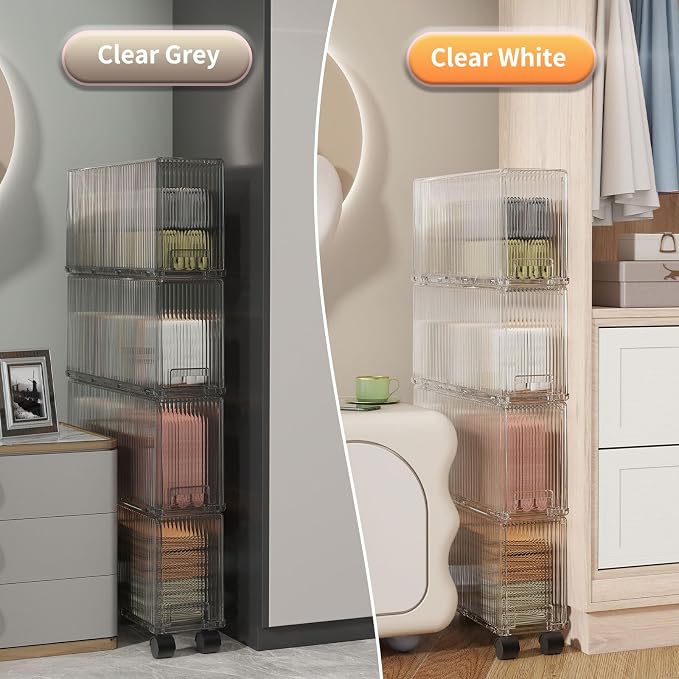 KHNR Slim 4 Pack Closet Storage Organizer with Wheels, Narrow Gap Drawer Shelf, Cabinet for Underwear, Socks, Scarves, T-Shirts Bedroom Essentials, Fits Closet Side or Wardrobe Gap, Clear Grey