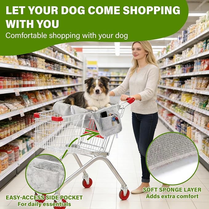 Shopping Cart Cover for Dogs, Pet Grocery Cart Cover with Sponge Padding and Sewn-in Storage Pockets on Both Sides, Foldable & Portable with Integrated Carry Bag