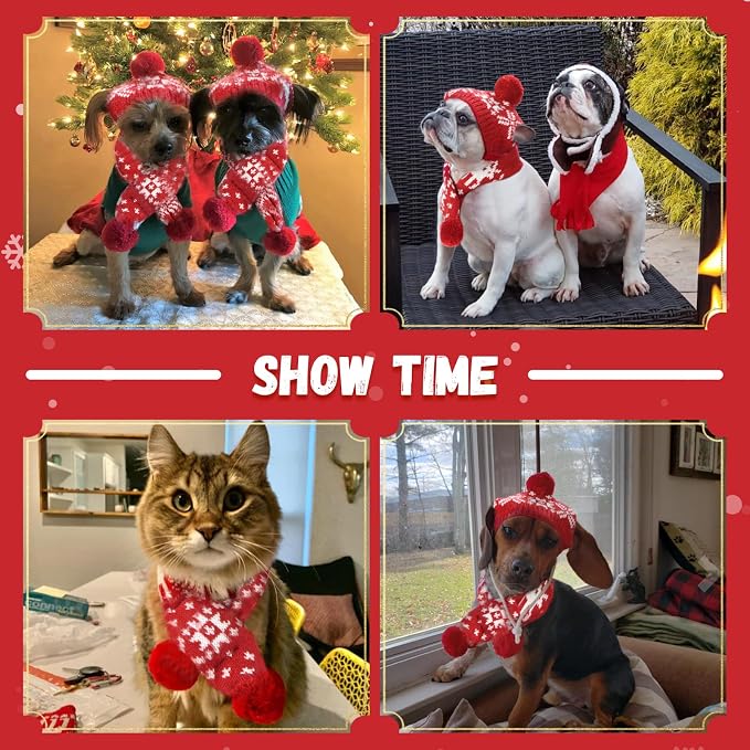 ABRRLO Dog Christmas Outfit 3 PCS Set Pet Xmas Sweater Hat Scarf Snowflake Christmas Dog Cat Sweaters Costume Winter Warm Small Dogs Clothes New Year Holiday Puppy Clothing (Scarf + Hat + Sweater,S)