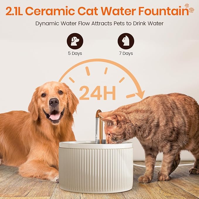 MISFANS Ceramic Cat Water Fountain - 2.1L/71oz - All-Ceramic Body & Pure Copper Water Spout - Non-Toxic - Automatic Pet Drinking Fountain Indoor with Ultra-Quiet Pump, and 3Pcs Filter & Sponge (Beige)