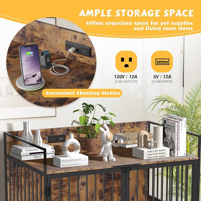 XL Dog Crate Furniture, 48" Large Wooden Dog Cage House with Adjustable Dog Bowls, Indoor Decorative Dog Kennel with Double Doors, Charging Station, Brown (48" L x 29.9" W x 42.9" H)
