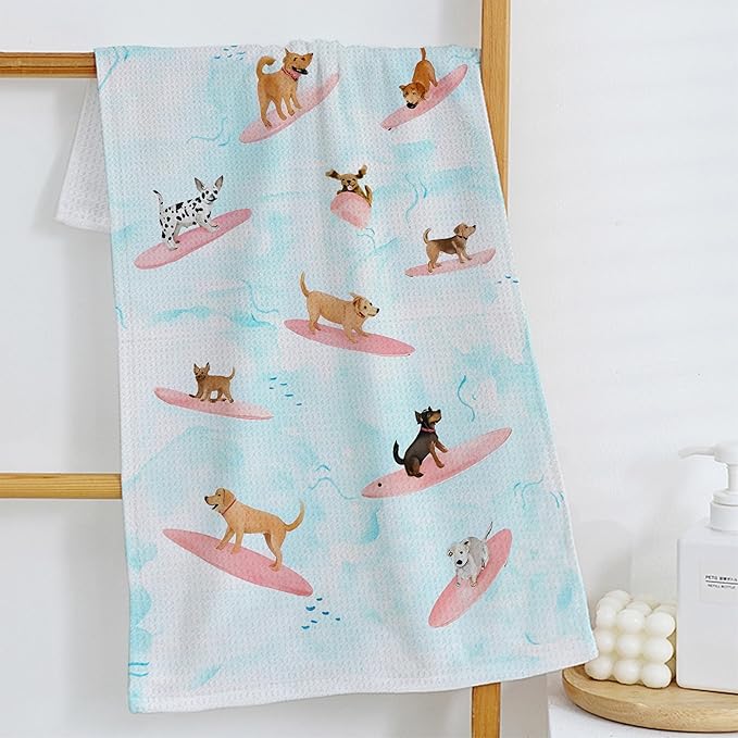 Funny Surfing Dog Kitchen Towels, Coastal Beach Hand Towels for Bathroom, Dog Lover Mom Gifts, Nautical Dish Tea Towels for Kitchen Decor, Beach Bathroom Decor, 16x24 Inch