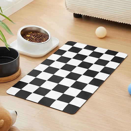 Ralxion Checkered Dog Feeding Mat, Absorbent Mats for Dog Food and Water Bowl, Dispenser, Modern Aesthetic Black White Checkerboard Pet Placemat for Dogs, Cats, Puppy Accessories, 12" X19”