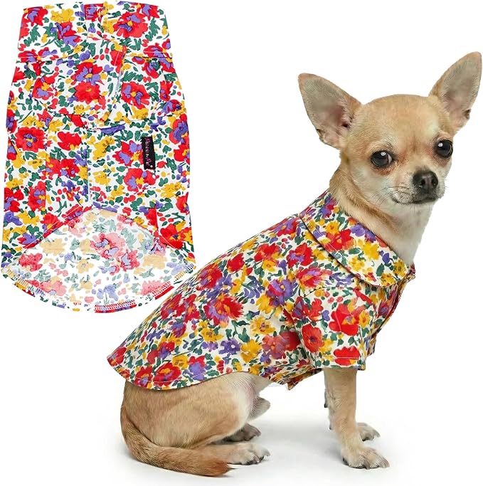 Parisian Pet Floral Dog Shirt - Cotton Clothes for Small Dogs - Stylish Dog Beach Outfit - Lightweight and Soft Puppy Clothes - Trendy Camp Tshirts for Dogs - Comfortable Summer Vacation Pet Apparel