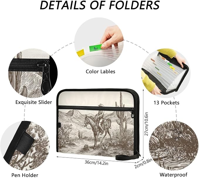 Cowboy Riding in Desert Expanding File Folder with Sticky Labels, 13 Pockets Accordion File Folder Document Organizer Expandable Zip File Folder with Zipper Closure