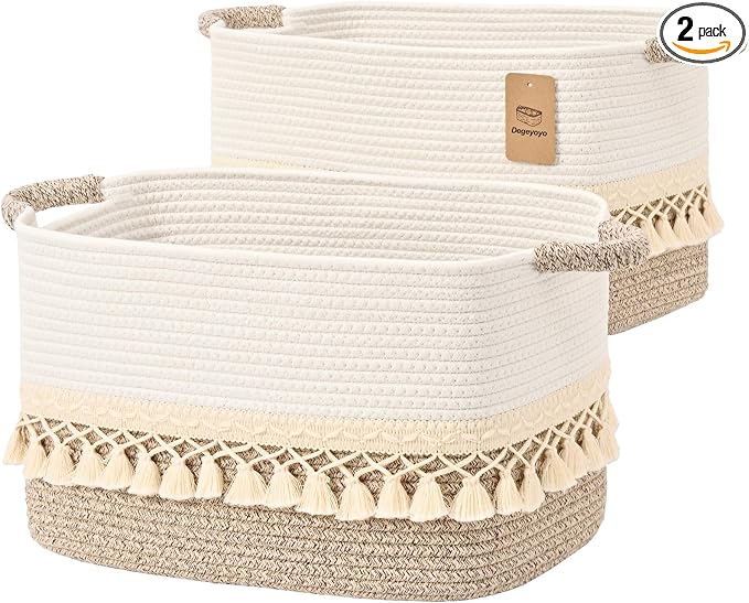 2 Pack Storage Basket for Shelves, Boho Cotton Rope Storage Bins with Heavy Tassel, Shelf Baskets Large Woven Baskets for Organizing, Cube Organizer Bins, Baby Laundry Basket for Clothes, Toys, Pets