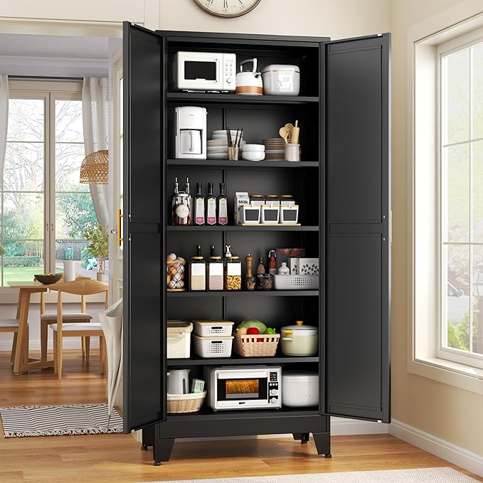GAIOUS 75.2" Tall Storage Cabinet,Metal Pantry Storage Cabinets with 2 Door | and 5 Adjustable Shelves, Black Kitchen Food Cabinet, Metal Utility Cabinets for Kitchen, Dinning Room, Laundry Room