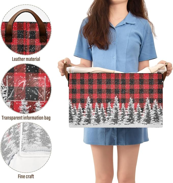 Xmas Tree Red and Black Buffalo Plaid Storage Basket Foldable Cube Storage Bins with Handles&Label Waterproof Organizer Box Bin Large Rectangle Decorative Baskets for Shelves Home Room Laundry-2 Pack
