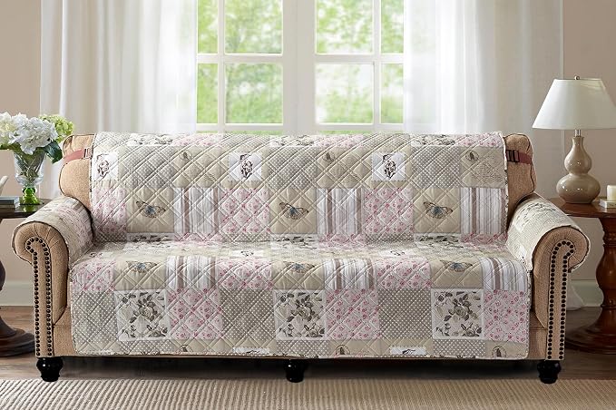 Brilliant Sunshine Grey Cupid & Pink Roses Patchwork Couch Cover, 70" seat | Quilted Sofa Cover, Living Room & Bedroom Furniture Protector, Large Washable Slipcover for Pets, Dogs & Cats