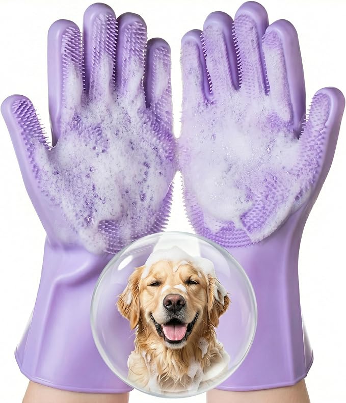 DELOMO Pet Grooming Gloves 1 Pair: Soft and Gentle Silicone Dog Washing Gloves - Bathing Scrubber Brush Mitt Grooming Shedding Fur Removal Massage for Dogs/Cats/Horse, Purple