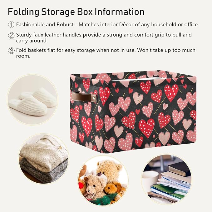 Wamika Happy Valentine's Day Black Storage Basket with Waterproof Liner and PU Handles Red Polka Dot Love Heart Pink Storage Bins Boxes 14.2" Collapsible Decorative Baskets for Bedroom Closet 2 Pack