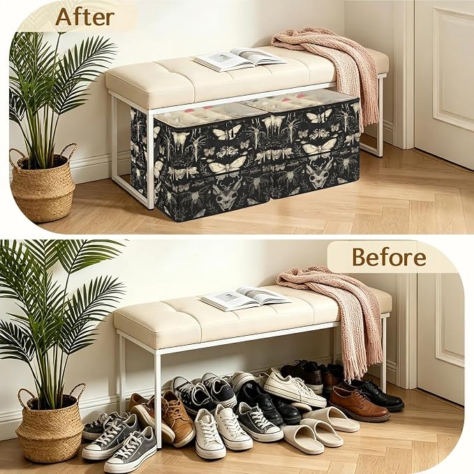 TropicalLife Gothic Skull Moth Butterfly Shoe Organizer for Closet | Foldable Shoe Storage Organizer Box Bin with Adjustable Dividers and Clear Cover, Fits up to 16-32 Pairs